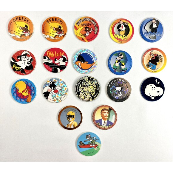 Lot Of 18 Pogs Milk Caps Vintage 1995 Looney Tunes, Power Rangers, Snoopy & More - Picture 2 of 15